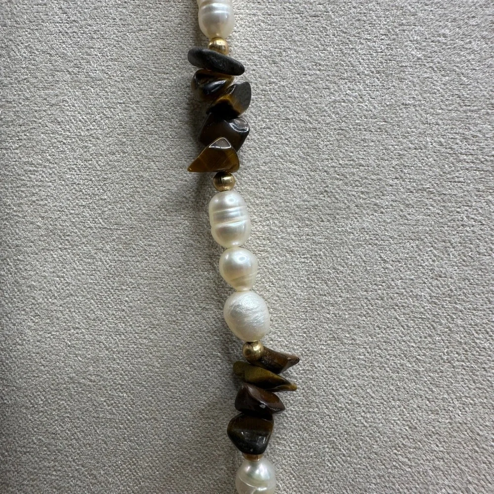 Women Necklace White Brown Freshwater Baroque Pearl Tiger Eye Boho Earthy